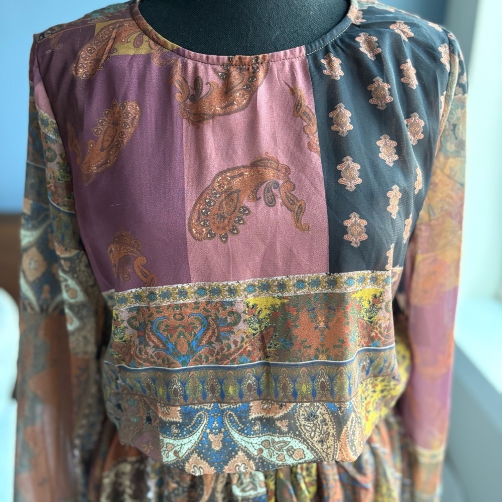 NWT Bluivy Multicolored Patchwork Paisley Long Sleeve Short Romper Smocked Waist - Picture 4 of 17